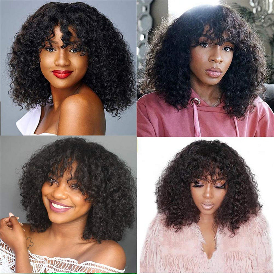 Wig Kinky Curly Human Hair  avec frange